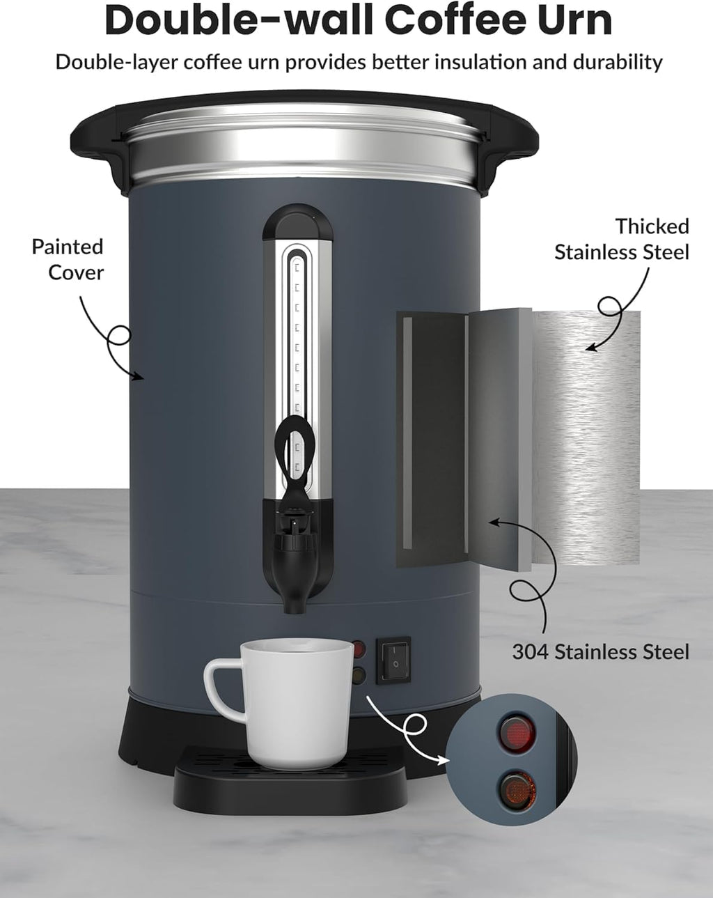 ExploreHorizon 80 Cup Commercial Coffee Urn - 12L/3.2Gal Stainless Steel Electric Coffee Maker With Double Wall Insulation, Hot Beverage & Water Dispenser for Weddings, Parties, Catering, Buffets