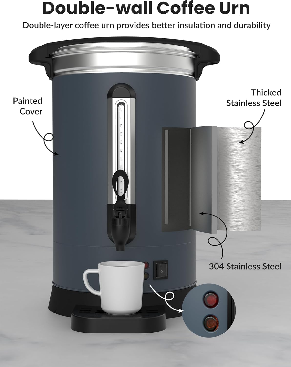 ExploreHorizon 80 Cup Commercial Coffee Urn - 12L/3.2Gal Stainless Steel Electric Coffee Maker With Double Wall Insulation, Hot Beverage & Water Dispenser for Weddings, Parties, Catering, Buffets