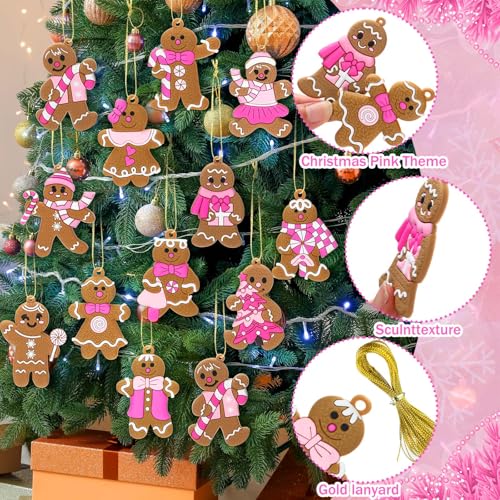 Pink Gingerbread Man Christmas Ornaments Set of 24 - Holiday Tree Decorations