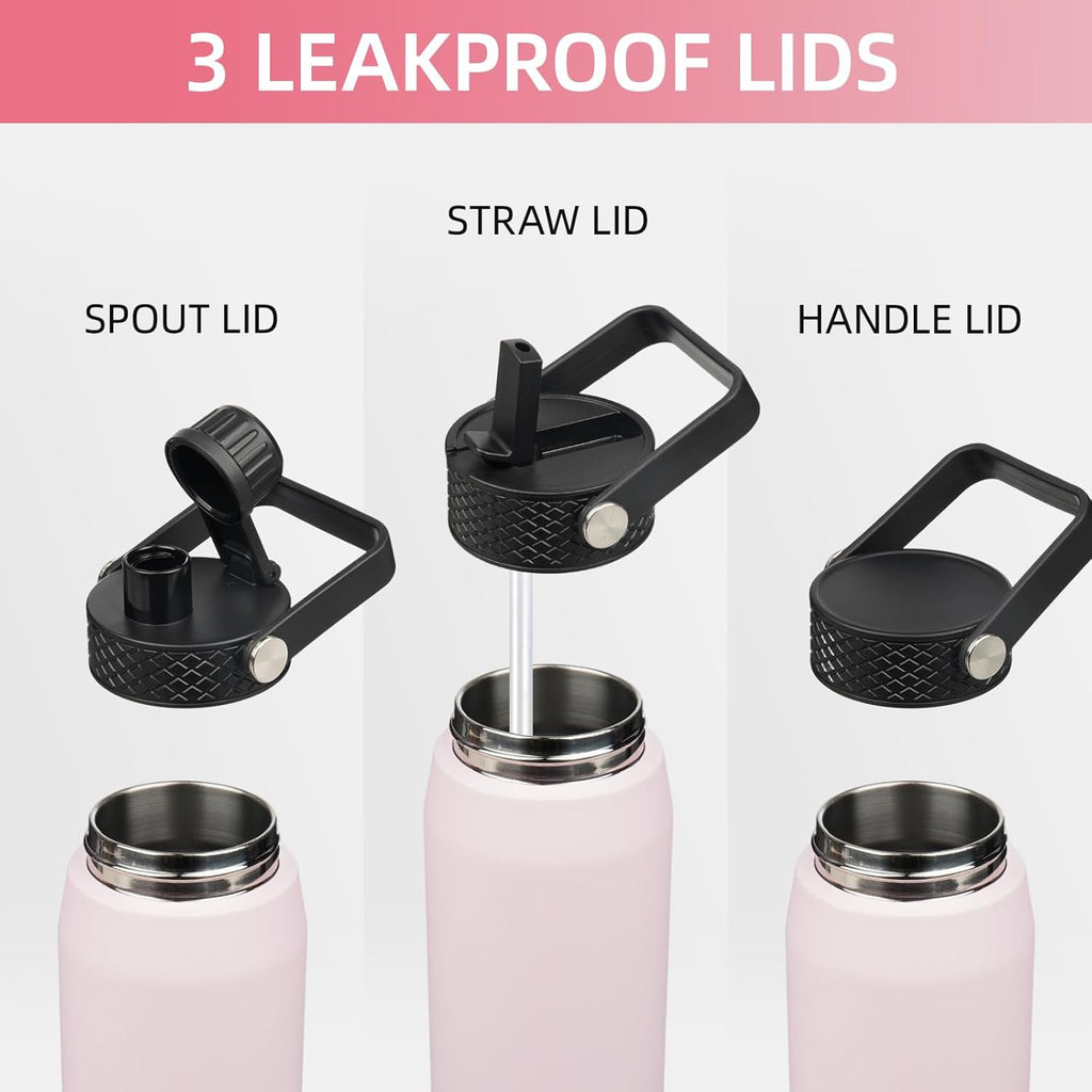 Skiennix 25oz Insulated Stainless Steel Water Bottle - Leakproof BPA-Free with 3 Lids | Pink