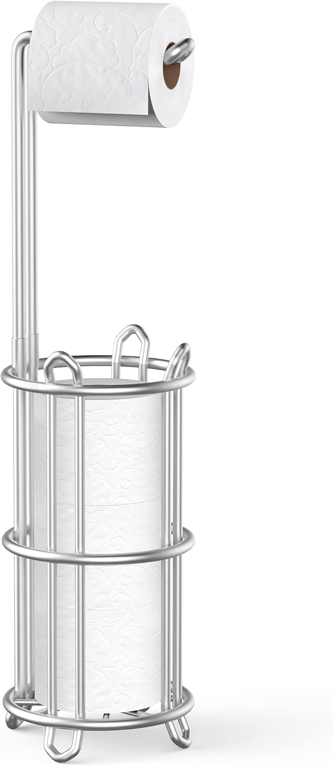 Meangood Toilet Paper Holder Stand - Free Standing Tissue Roll Dispenser for 4 Mega Rolls | Metal Wire Silver