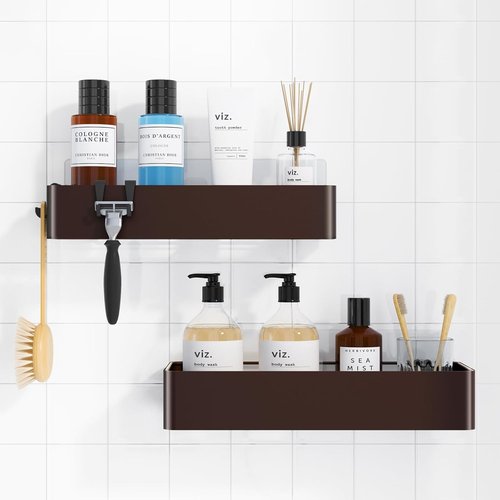 Kitsure Shower Caddy | 2-Pack Adhesive Organizer with Rustproof Metal Shelves - Large Brown Storage