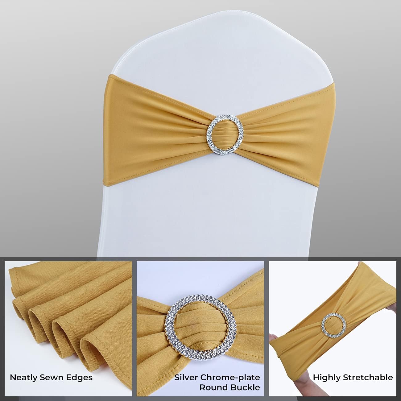Babenest Spandex Chair Sashes - 100PCS Premium Stretch Covers with Buckle Slider for Weddings & Events | Gold