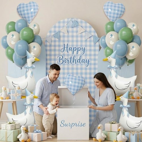 One Silly Goose Birthday Decorations Boy – Goose Balloons with Blue Printed Latex Balloons, Blue Bow & Hats, Cute Baby Boy 1st Birthday Party Supplies