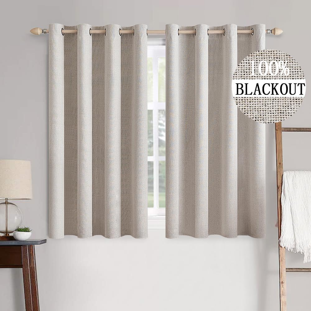 MIULEE 100% Blackout Linen Textured Curtains - Solid Thermal Insulated Ivory Drapes | 52 x 63 Inch (2 Panels)