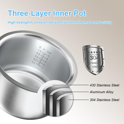 Akureo 5 cup 2.5L Low Suger Rice Cooker with 304 Stainless Steel inner pot, healthy for 2-3-person households, Office workers & low carb dieters, exercisers and the elderly