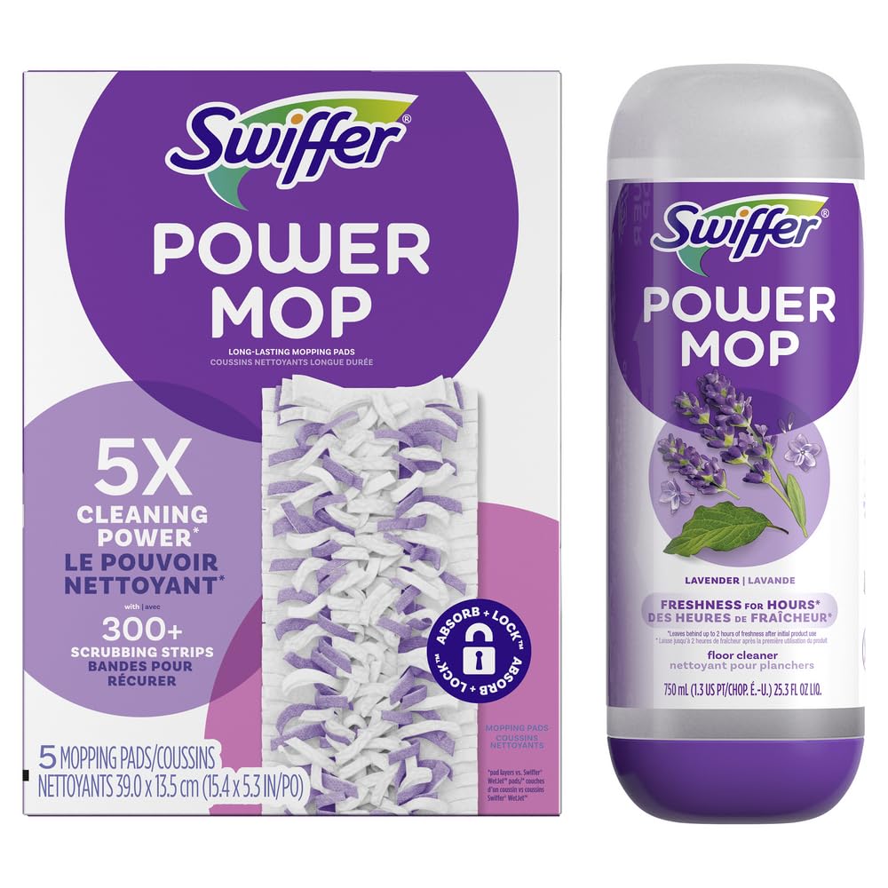 Swiffer Power Mop Refill Pack, Floor Cleaner for Mopping Tile, Vinyl, Laminate, Wood in Home, Bathroom, Kitchen, All Purpose Multi-Surface Cleaning, 5 Pads + 1 Lavender Solution