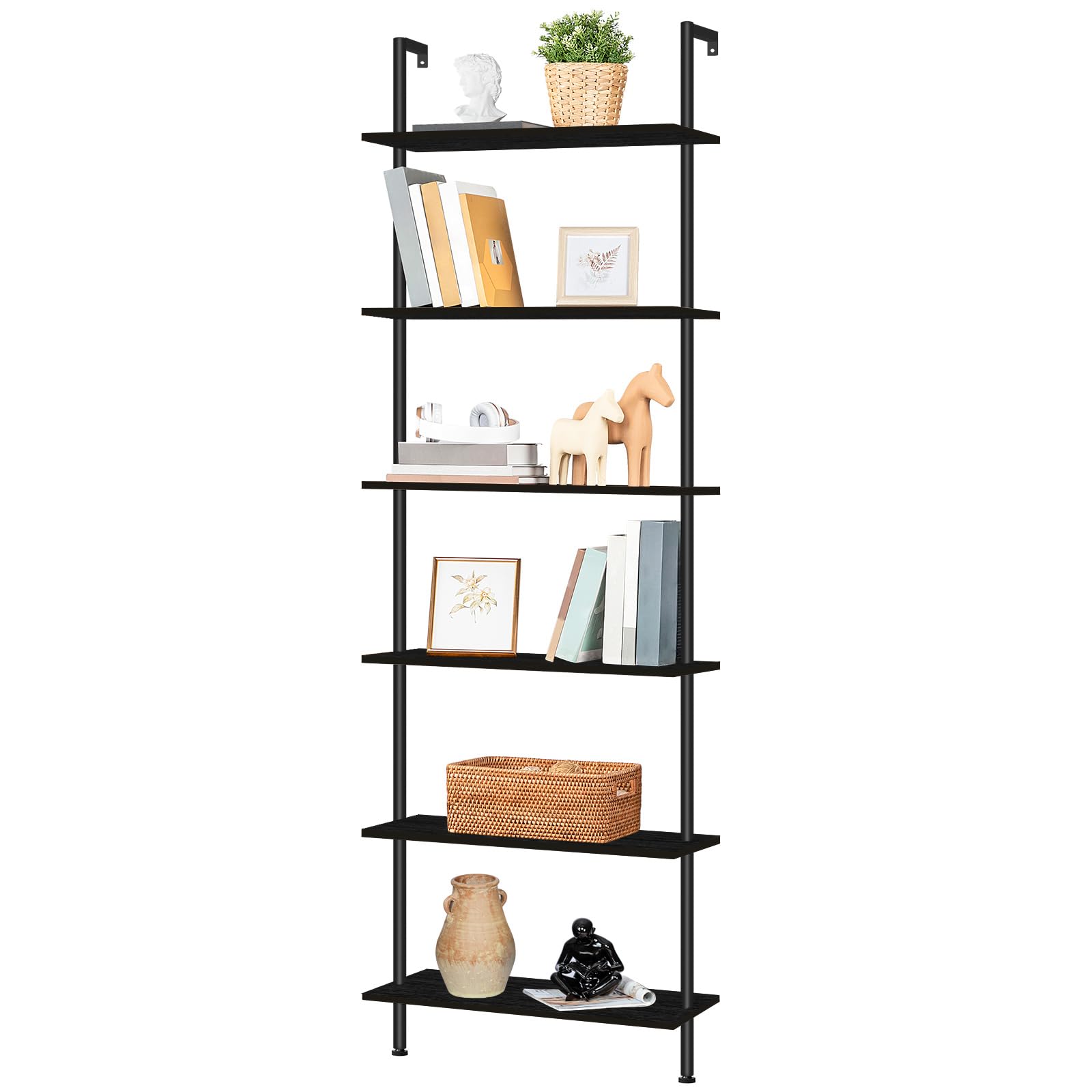 HOOBRO DIY Ladder Shelf, 6-Tier Wall Mounted Bookshelf, Office Vertical Bookcase, Wooden Storage Shelves for Home Office, Bedroom, Black BB65CJ01