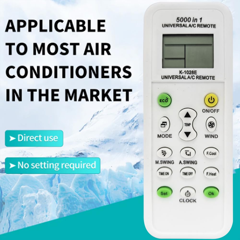 Universal AC Remote Control, 5000-in-1 Multi-Brand Compatible, K-1028E Model, LCD Display