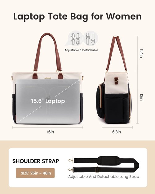 LOVEVOOK Lunch Tote Bag for Women, Work Bag with Insulated Lunch Compartment, 15.6 Inch Laptop Tote with Cup Holder for Teacher, Office, Black & Brown
