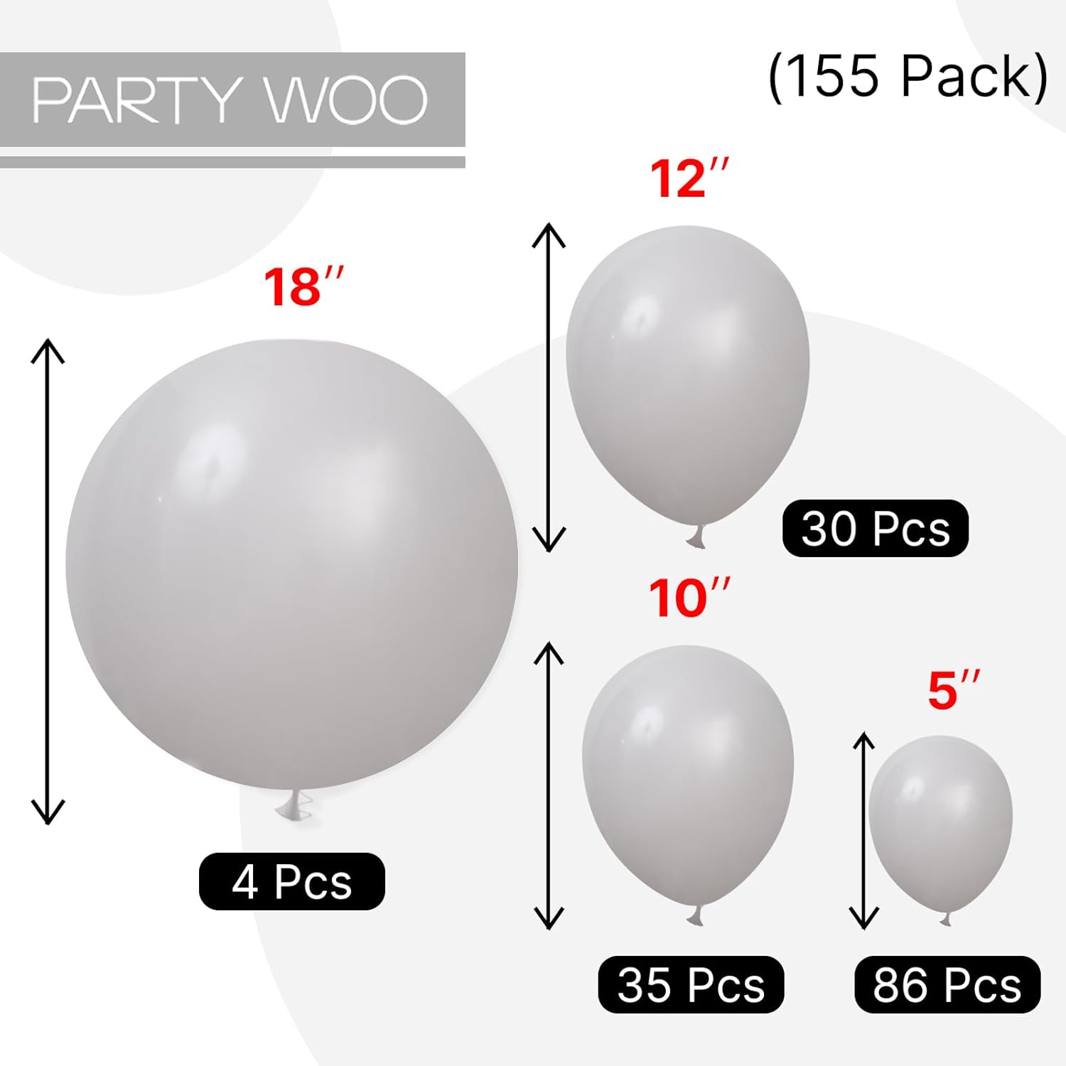 PartyWoo Gray Balloons - 155-Piece Matte Latex Balloon Arch Kit | 18, 12, 10, 5 Inch for Celebrations