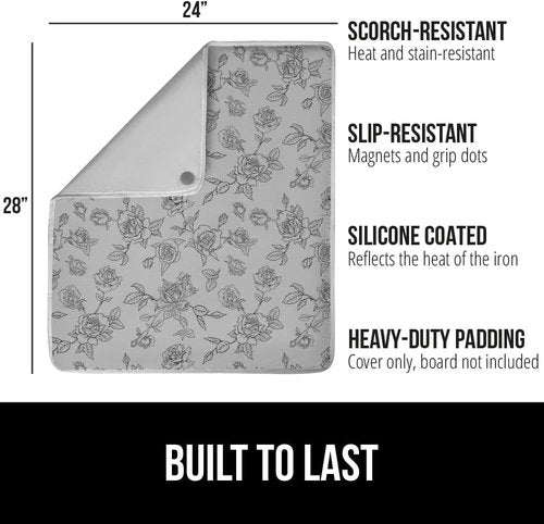 GORILLA GRIP The Original Ironing Board Cover and Pad, Silicone Coating, 400°F Scorch Resistant Thick Padding, Heavy Duty Iron Covers Standard Boards, Hook and Loop Fastener Strap, Gray Floral 28x24