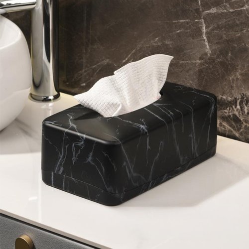 Nagpew Tissue Box Holder, Rectangular Napkin Dispenser Box Cover, Black Faux Marble Facial Dryer Sheet Towel Organizer Case for Bathroom, Bedroom, Restaurant, Cars