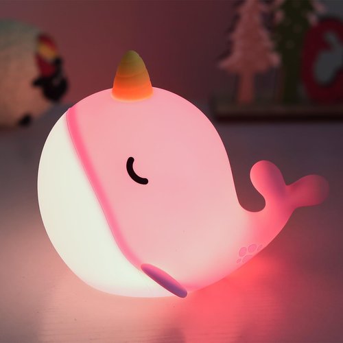 Fuloon Narwhal Night Light with Whale Shape, Squishy Silicone Kids Lamp, Safe & Soothing Touch Control for Kids and Babies, USB-C Rechargeable, 30-Min Auto Timer, Gift Idea (Pink)