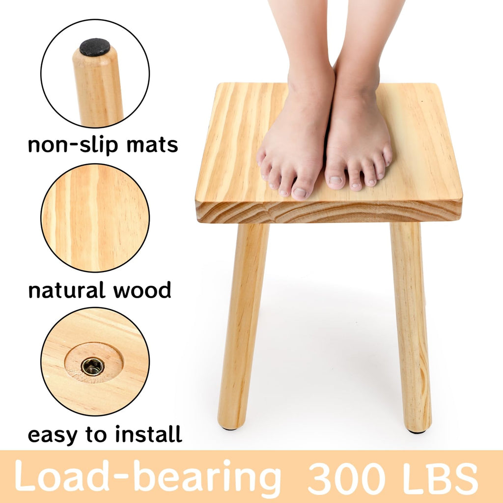 Goaste 9.5 Inch Wooden Step Stool, Solid Square Sitting Stools for Adults Kids, Multi-Purpose Short Chair Perfect Matched Sensory Table, 4-Legged Small Foot Rest Stool for Playroom, Kitchen, Bedroom