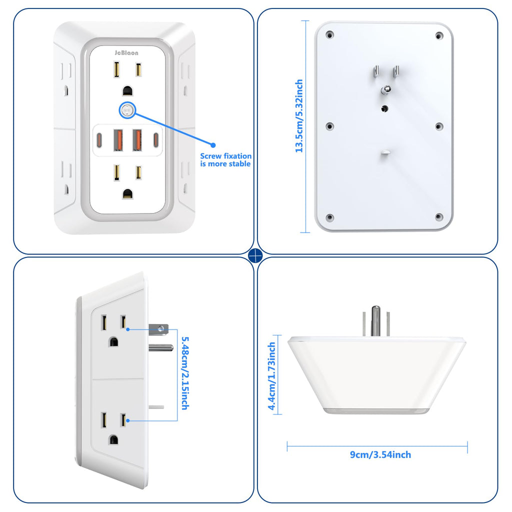 JcBlaon Outlet Extender Surge Protector - 6 Outlet Splitter with 4 USB Ports (2 USB C), Multiple Plug Expander Wall Charger, 3 Sided Multi Plug Wall Adapter Power Strip for Home Office Kitchen Travel