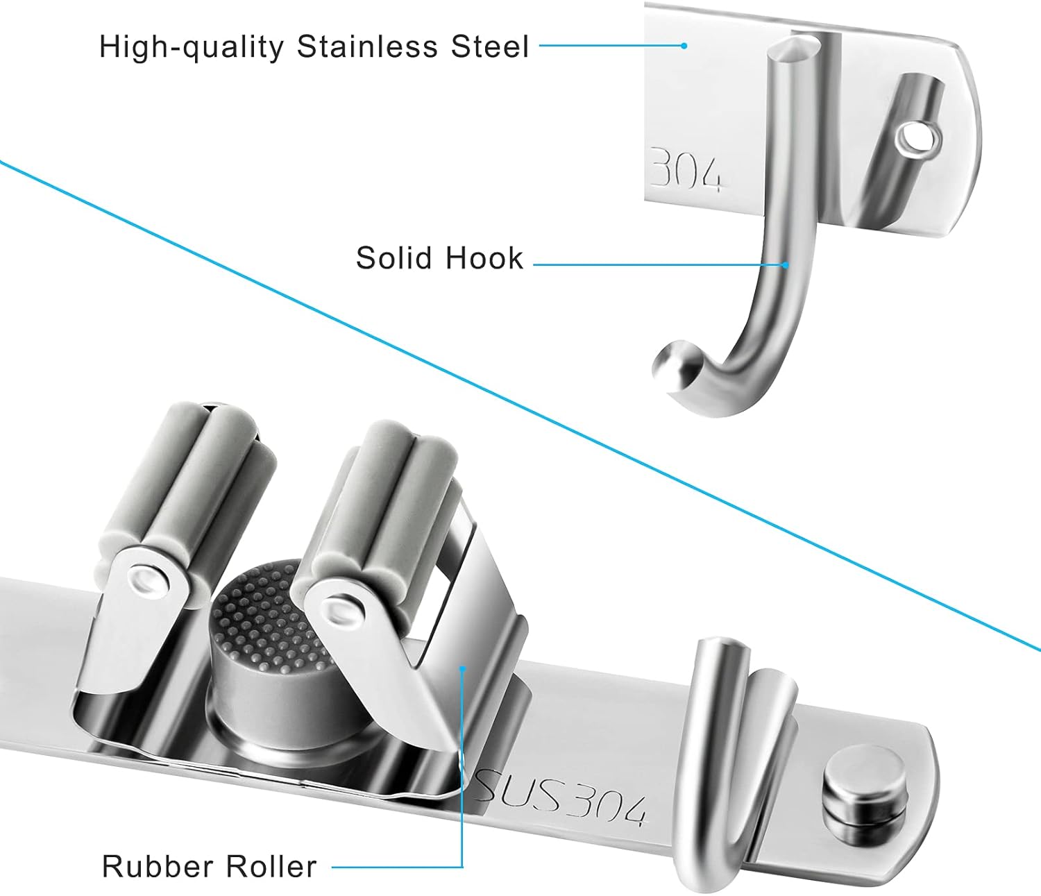 Skiennix Broom and Mop Holder - Wall Mounted Storage Rack with 2 Racks & 3 Hooks | Heavy-Duty Stainless Steel
