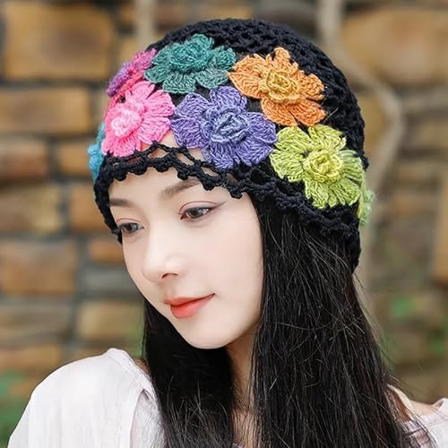 1Pcs Flower Crochet Vintage Beanie Hollow Hat Breathable Knitted Skull Hat Lightweight Elastic Knit Hats for Women (Flower Color Random) Multi