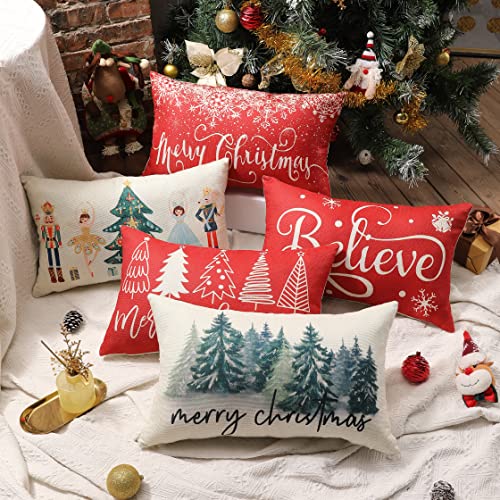 Rustic Christmas Pillow Cover 12x20, Dark Green Watercolor Forest Print