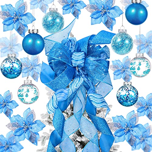 Blue Christmas Tree Decoration Set with Tree Topper Bow and Ornaments - 49 Pieces