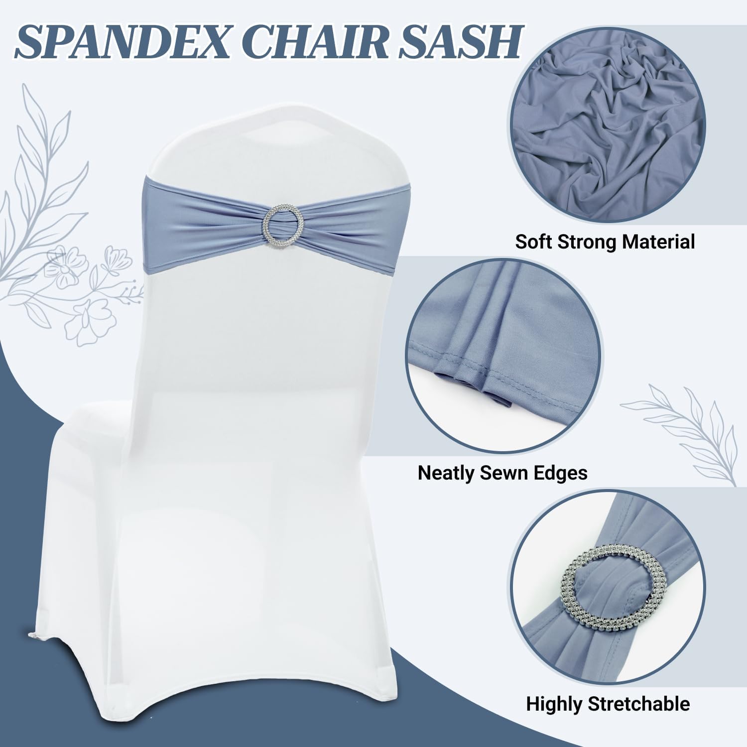MDS Spandex Chair Sashes - Pack of 150 Elastic Stretch Bows with Buckle Slider | Dusty Blue