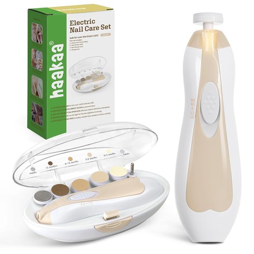 Haakaa Electric Baby Nail File Kit - LED Light & 6 Replacement Heads for Newborns, Infants & Adults | Acorn