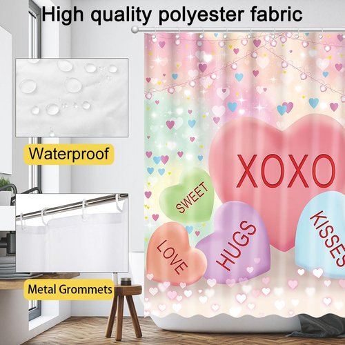 Fitumiw Valentines Love Hearts Shower Curtain 72" x 72" Conversation Hearts Home Bathroom Decorations Romantic Love Bathtub Curtain Set with 12 Hooks
