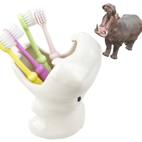FlidRunest Kids Hippo Toothbrush Holder, Cute Hippo Pen Pencil Holder, White Ceramic Succulent Planter Pots for Home Office Decoration Desk Organization, Set of 1