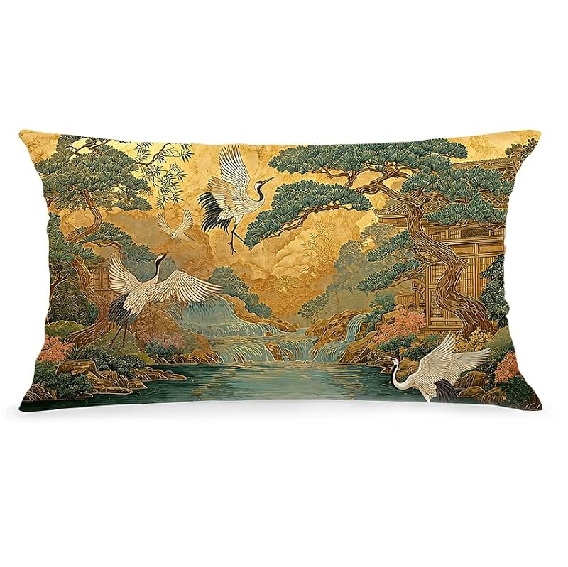 Chinoiserie Crane Lumbar Pillow Cover 12x20 Soft Flannel Multicolor0001