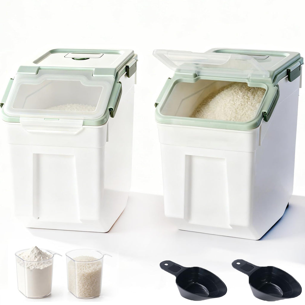 RUIAN Large Airtight Storage Container, 25lb Flour Rice Storage Containers Bin with Wheels Seal Locking Lid, with Measuring Cup&Scoop for Flour, Rice, Grain (Green, 2PCS)