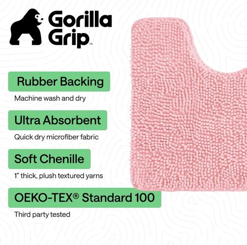 GORILLA GRIP Plush Chenille Bath Rug Mat - Soft Microfiber for Oval Toilet Base, Machine Washable, Light Pink
