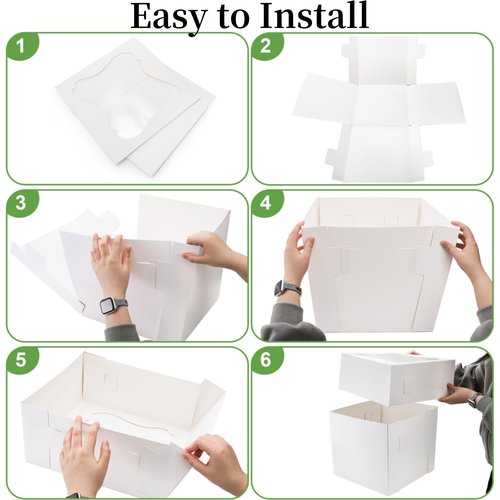 Pumtus 15 PCS Tall Cake Boxes, Square Cake Box with Window in 3 Sizes 12x12x12 10x10x10 8x8x8 Inches, Cardboard Tier Cake Bakery Container, Disposable Dessert Pie Takeout Carrier for Wedding Birthday