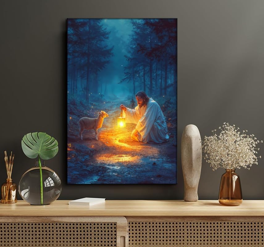 Ploceiny Christian Wall Art | Jesus Running After Lost Lamb Canvas Print | 16" x 24" Home Decor