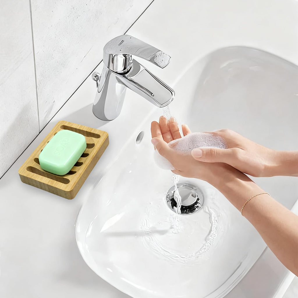 Magift 2 Pack Wooden Soap Holder Bamboo Soap Dish for Shower with Self Draining Tray Natural Bar Soap Holder and Soap Saver for Bathroom Kitchen Sink