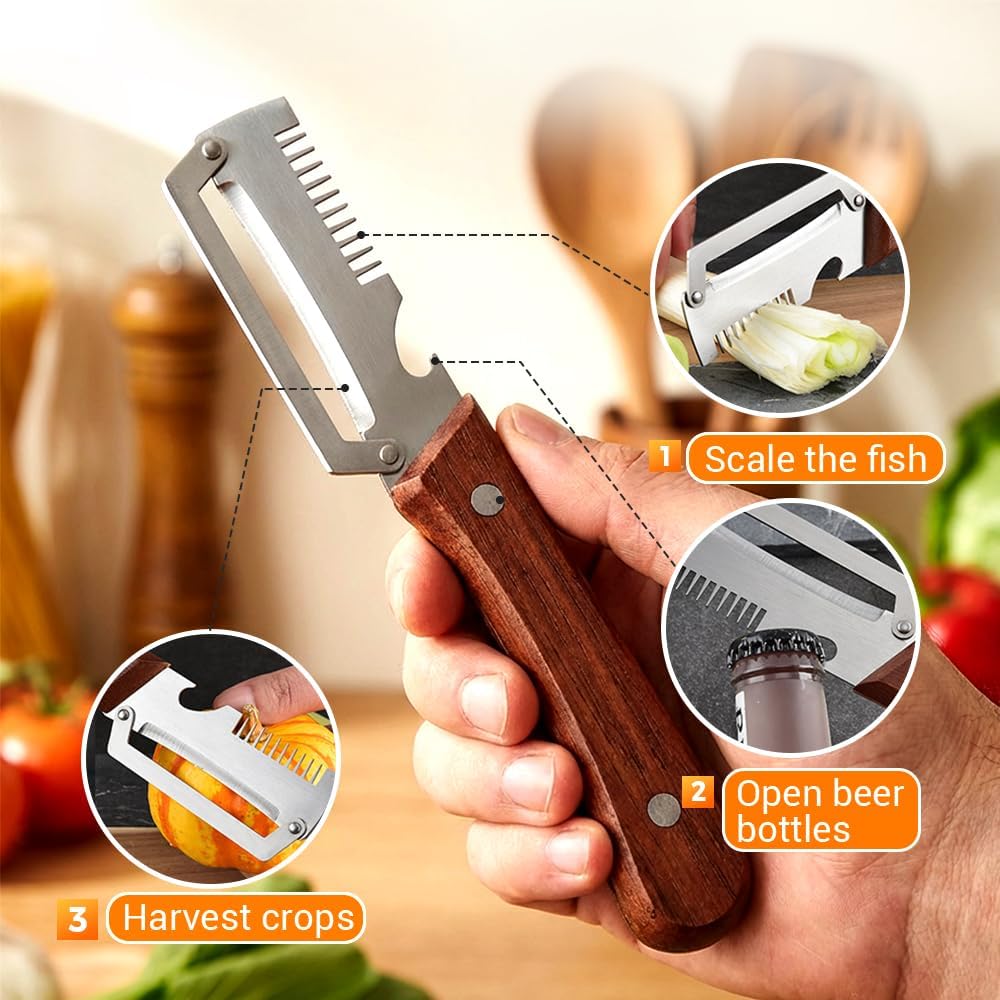Skiennix Premium Vegetable Peeler - Multi-Functional Kitchen Tool with Wooden Handle & Bottle Opener | Ideal for Fruits & Veggies
