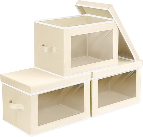 Homsorout Storage Bins - Small Collapsible Fabric Organizers with Lids | Beige, 3-Pack for Clothes & Towels