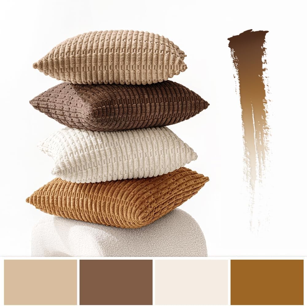 MIULEE Decorative Throw Pillow Covers - Pack of 4 Neutral Corduroy 18x18 Inch for Rustic Farmhouse Decor | Soft Striped Design in Brown