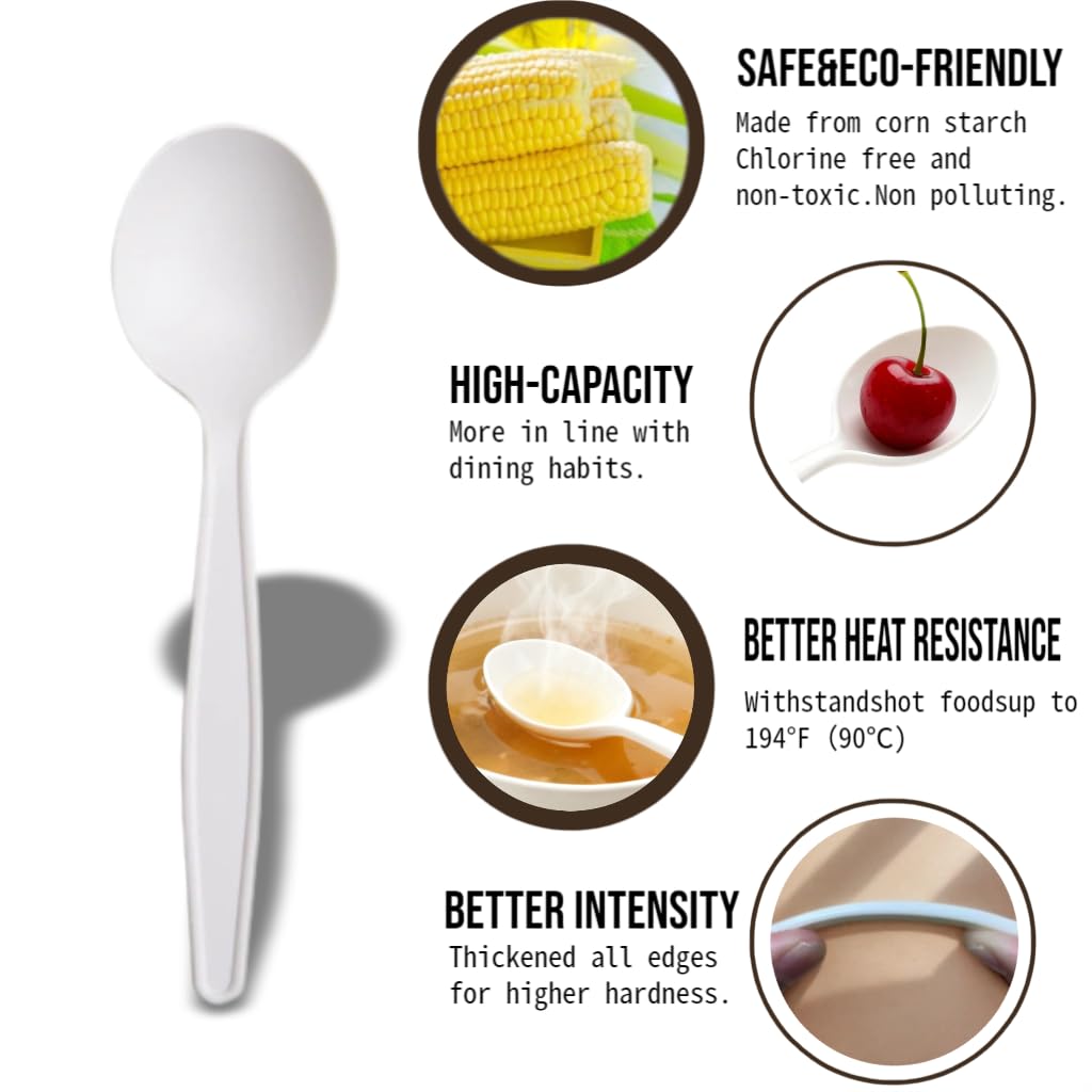 Yoaier Eco-Friendly 6" Disposable Soup Spoons - 100 Pack Heavy Duty Plant-Based Cutlery, Extra-Length Cornstarch Spoons for Hot Soup, Ice Cream, Chili,Para Pozole,Parties (Ivory)