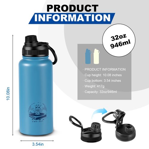 32 oz Insulated Water Bottle, Keep Cold 24H, Leak Proof Stainless Steel Water Bottle with Spout Lid