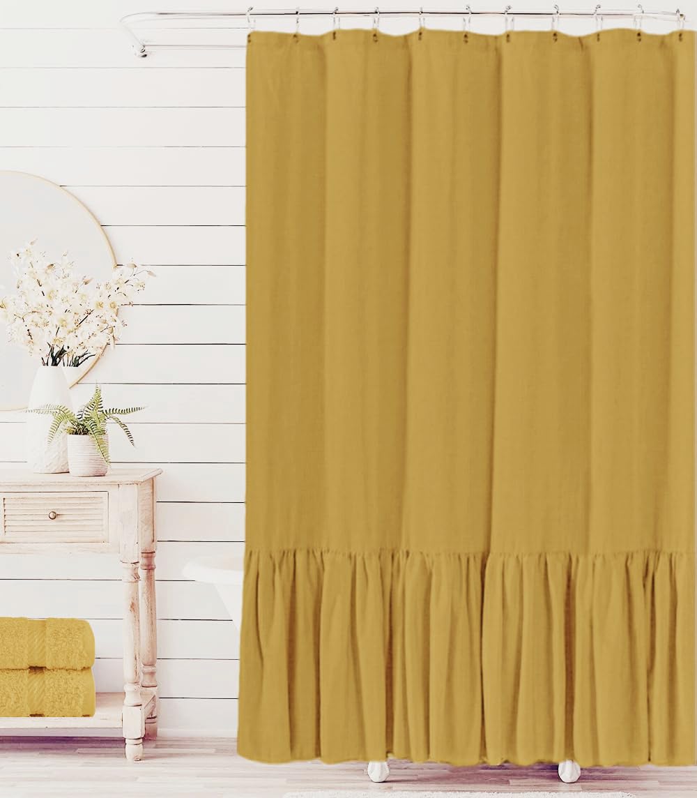 Felisa Mustard Farmhouse Shower Curtain with A Ruffle Hem, Linen Blend Shower Curtain for Bathroom,72"x72"