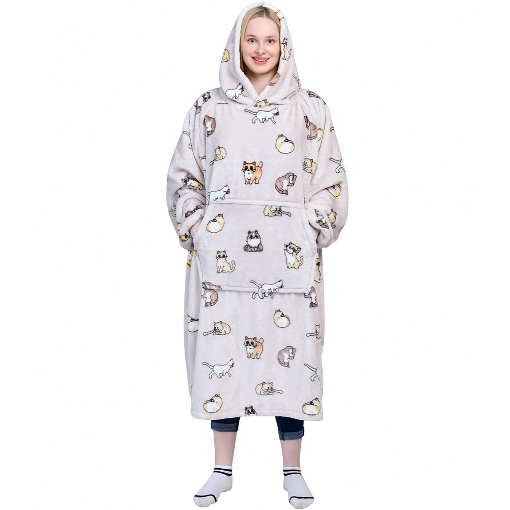 Waitu Wearable Blanket Sweatshirt Gifts for Women and Men, Warm and Cozy Giant Blanket Hoodie, Thick Flannel Blanket with Sleeves and Giant Pocket - Cat Gray