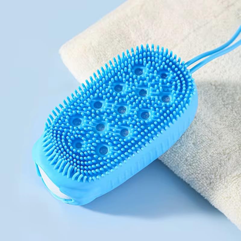 Silicone Body Scrubber & Exfoliating Shower Sponge with Soap Holder Blue