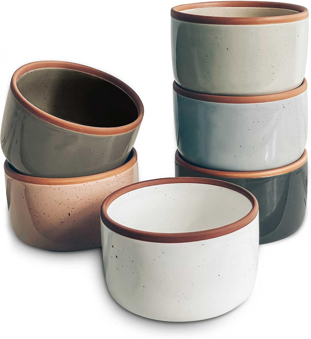 Mora Ceramic Ramekins - 4oz Set of 6 - Oven Safe Mini Baking Dishes for Pudding, Soufflé & More | Assorted Neutrals