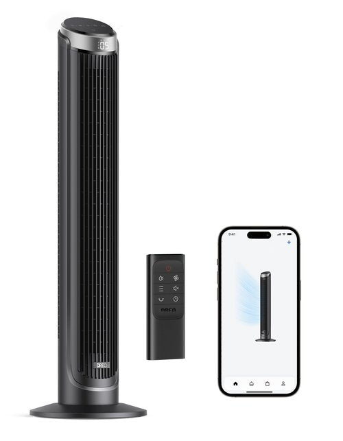 Dreo Smart Tower Fans for Bedroom, 90° Oscillating Fans for indoors, 5 Speeds 4 Modes Max 26ft/s, 12H Timer, LED with Touch, Remote Control, 40" Quiet Bladeless Standing Floor Fan for Home Office