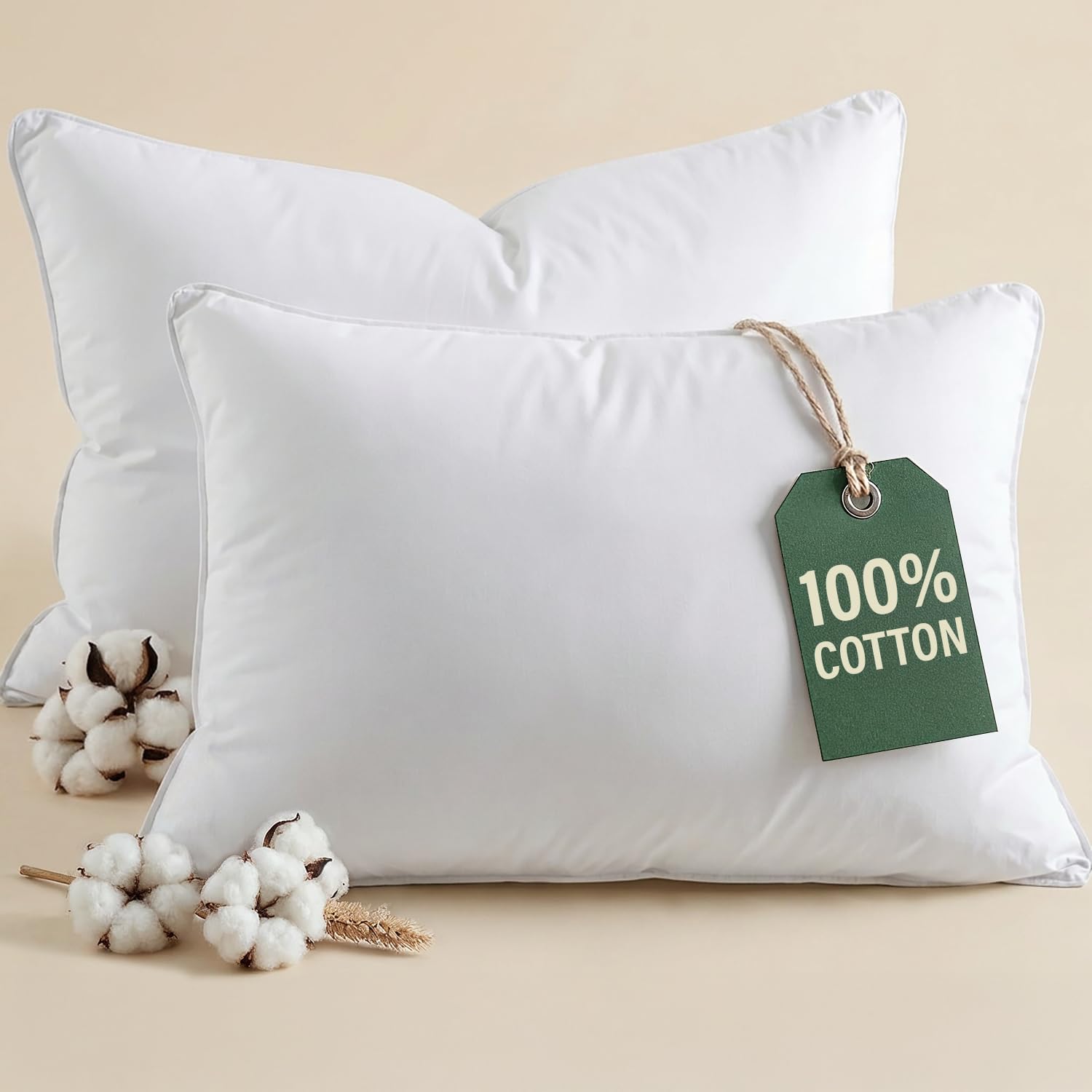 Skiennix 100% Cotton Bed Pillows - Soft Down Alternative Set of 2 - Queen Size, 20" x 36" - Breathable & Machine Washable