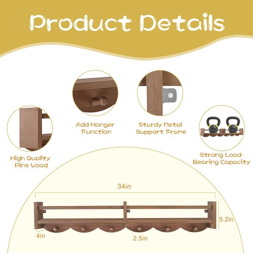 Dixryaus 34Inch Nursery Book Shelves Wall Mounted, Floating Book Shelf for Kids Coat Rack with 6 Hooks, Wall Hanging Shelf for Baby Nursery Room Organizer ，Patent Number:US-D1058229-S(4, Light Brown)
