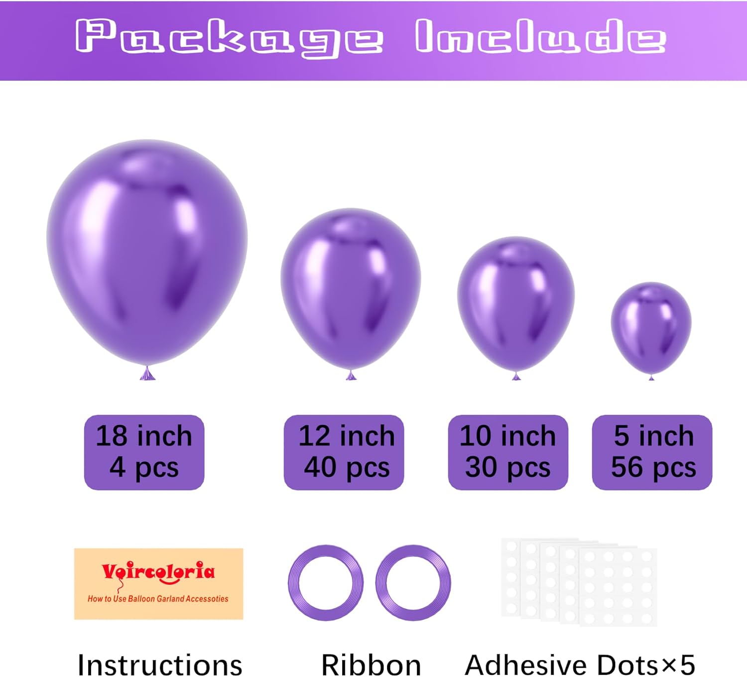 Voircoloria Metallic Purple Balloon Garland Kit - 130pcs in Various Sizes | Perfect for Birthday, Baby Shower, Graduation, and Gender Reveal Parties