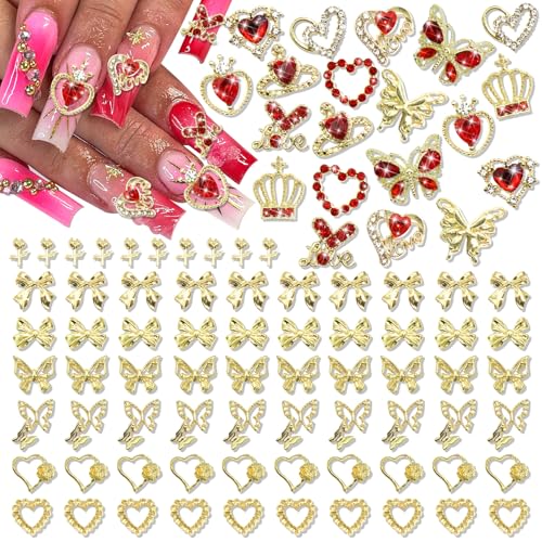 BELICEY 90Pcs Gold Nail Charms 3D Assorted Bow Heart Rhinestone Alloy Decor