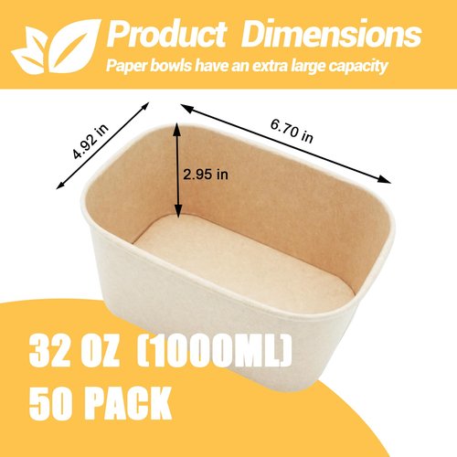 Kaderron 50 Pack 32 OZ Large Paper Bowls with Lids, Heavy Duty Disposable Compostable Container for Party, Disposable Bowls Bulk Soak-Proof and Microwave Safe for Hot/Cold Use(32OZ-50PACK)