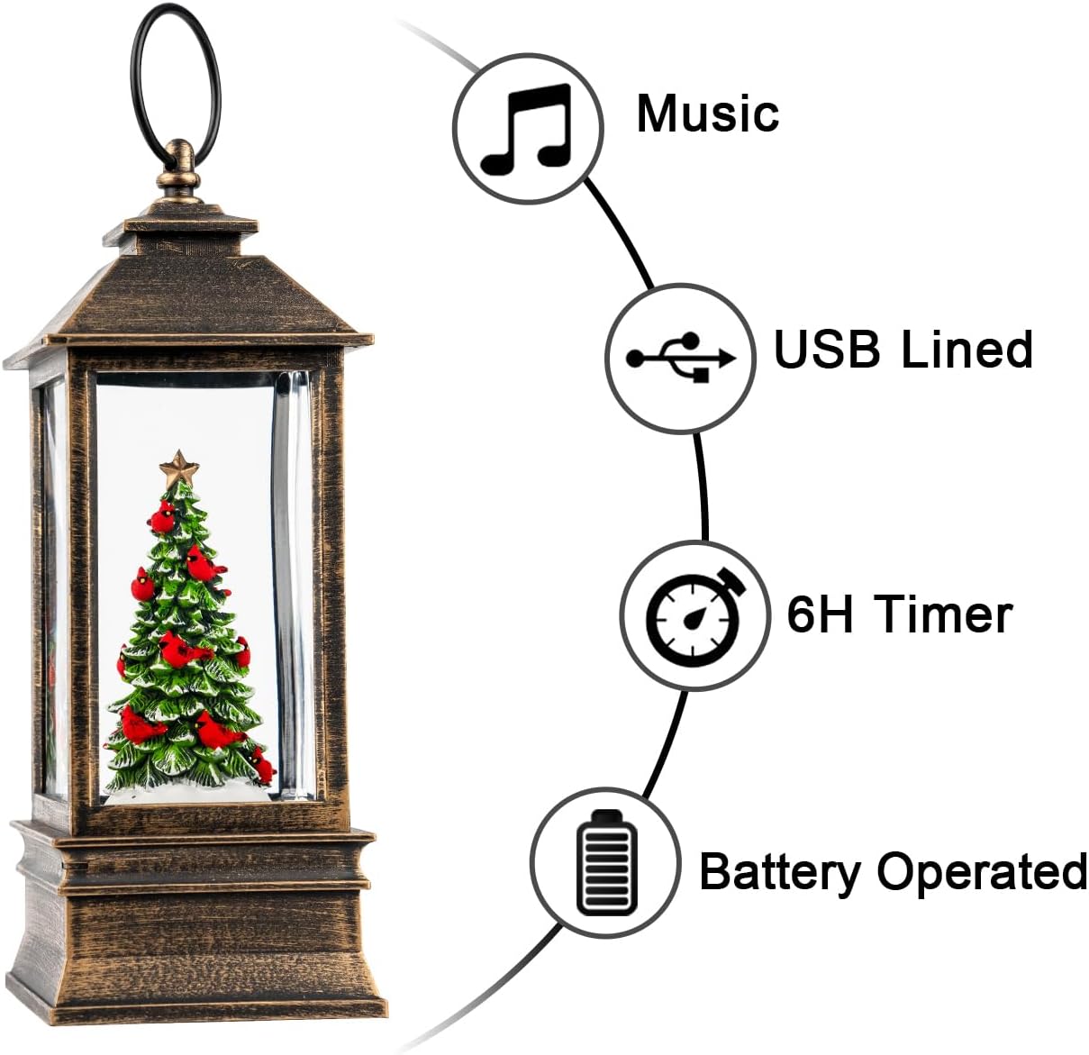 VISFLAIR 10'' Lighted Christmas Tree Snow Globe | Cardinal Music Water Lantern with Glitter Decoration